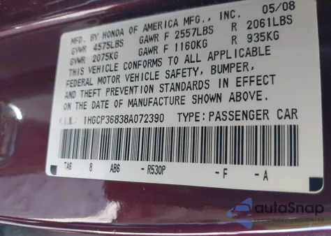 2008 Honda Accord 3.5 Ex-L from USA, damaged, VIN 1HGCP36838A072390